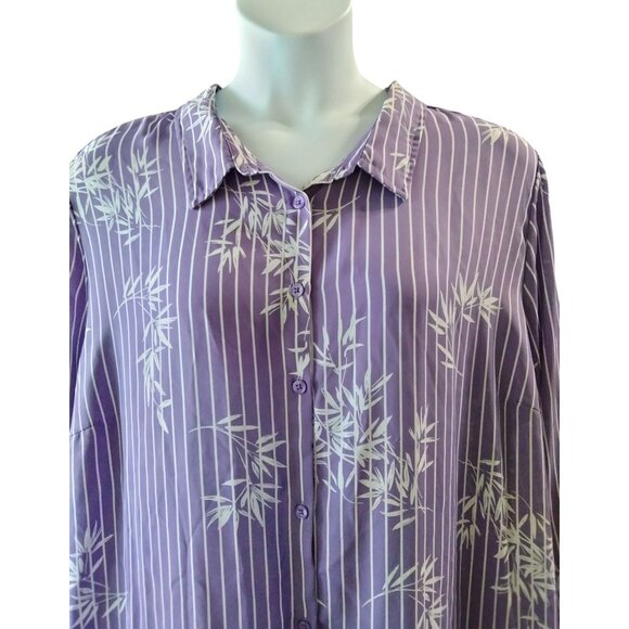 Catherines Purple Bamboo Print Button-Up Shirt Striped Long Sleeve Top 3X 26/28W - Picture 3 of 8
